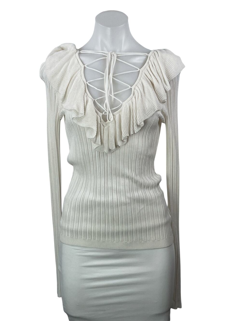 Intermix Cream Long Sleeves Knit Tassel Ruffle Flounce Lace Up Blouse Top Size M